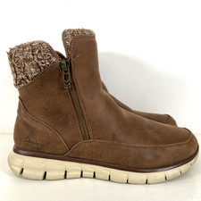 Skechers Tan Brown Ankle Boots Size UK 5.5 Eur 38.5 Side Zip Fleece Lined
