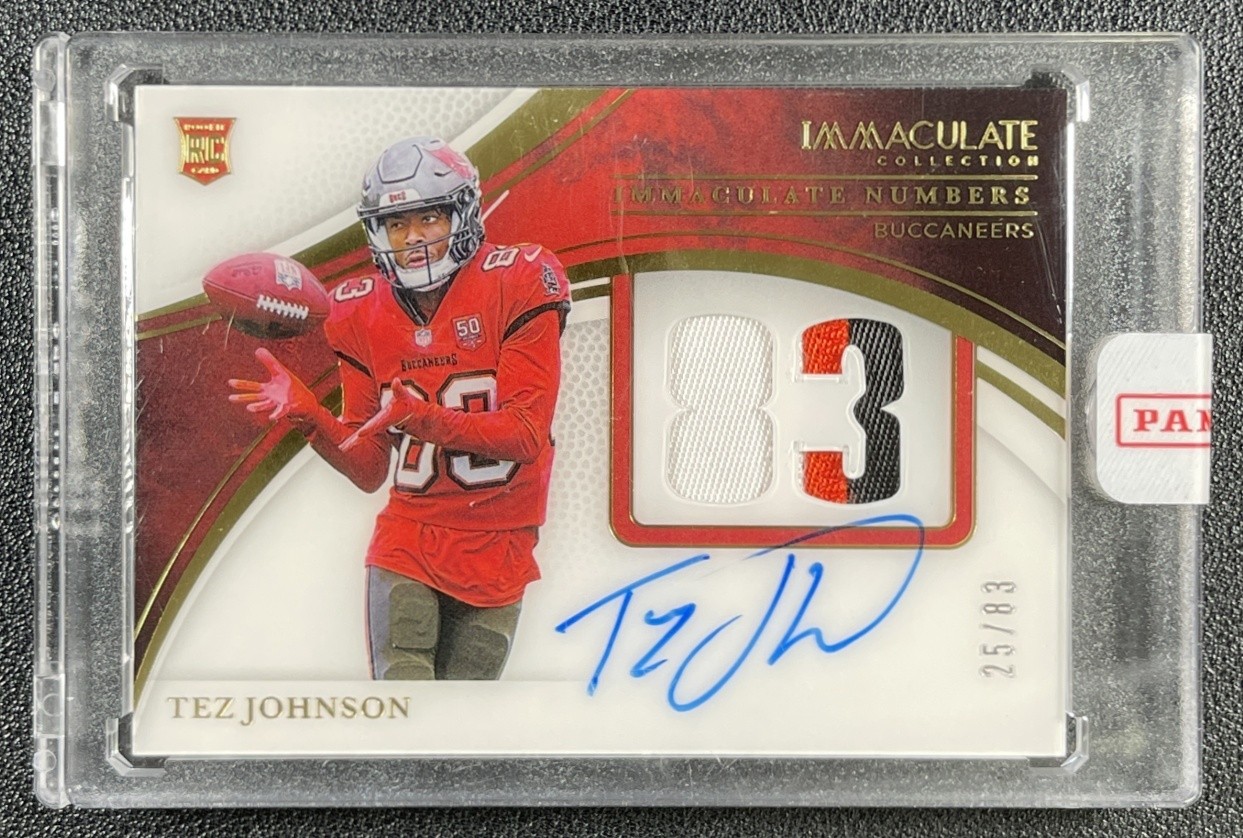 TEZ JOHNSON 2025 PANINI IMMACULATE COLL #22 NUMBERS ROOKIE PATCH AUTO RC 25/83 view 1