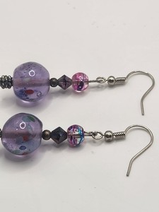 Artisan Handmade Lampwork Glass Bead Dangle Earrings Lavender Purple Iridescent