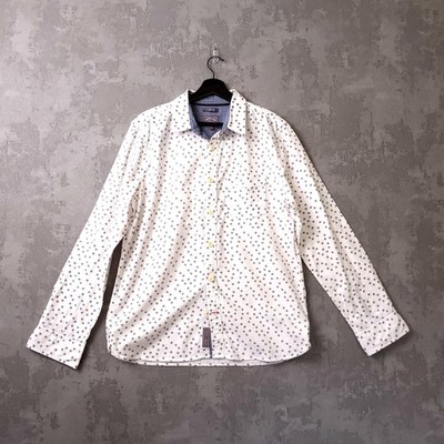 Fat Face Herren Langarm Hemd M Classic Fit weiß blau Blumenmuster Punktemuster