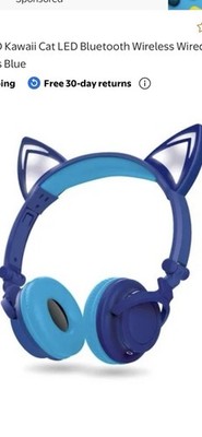 ART+SOUND Kawaii Cat Blue LED Light-Up Bluetooth Foldable Over-Ear Headphones