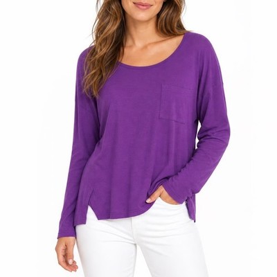 Cupio Blush Womens Purple Long Sleeve Scoop Neck Pocket Tee Shirt Size L Relaxed