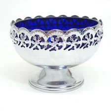 Celtic Quality Plate Cobalt Blue Glass Candy Bowl Silver Metal Footed Compote G0
