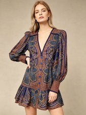 NWOT FARM Rio Floral Paisley Ruffles Mini Dress Glam Boho Long Sleeve Size XS