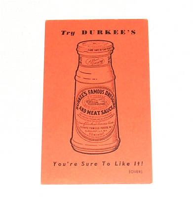 Vintage Durkee's Famous Dressing and Meat Sauce 1940's Recipe Card Potato Salad