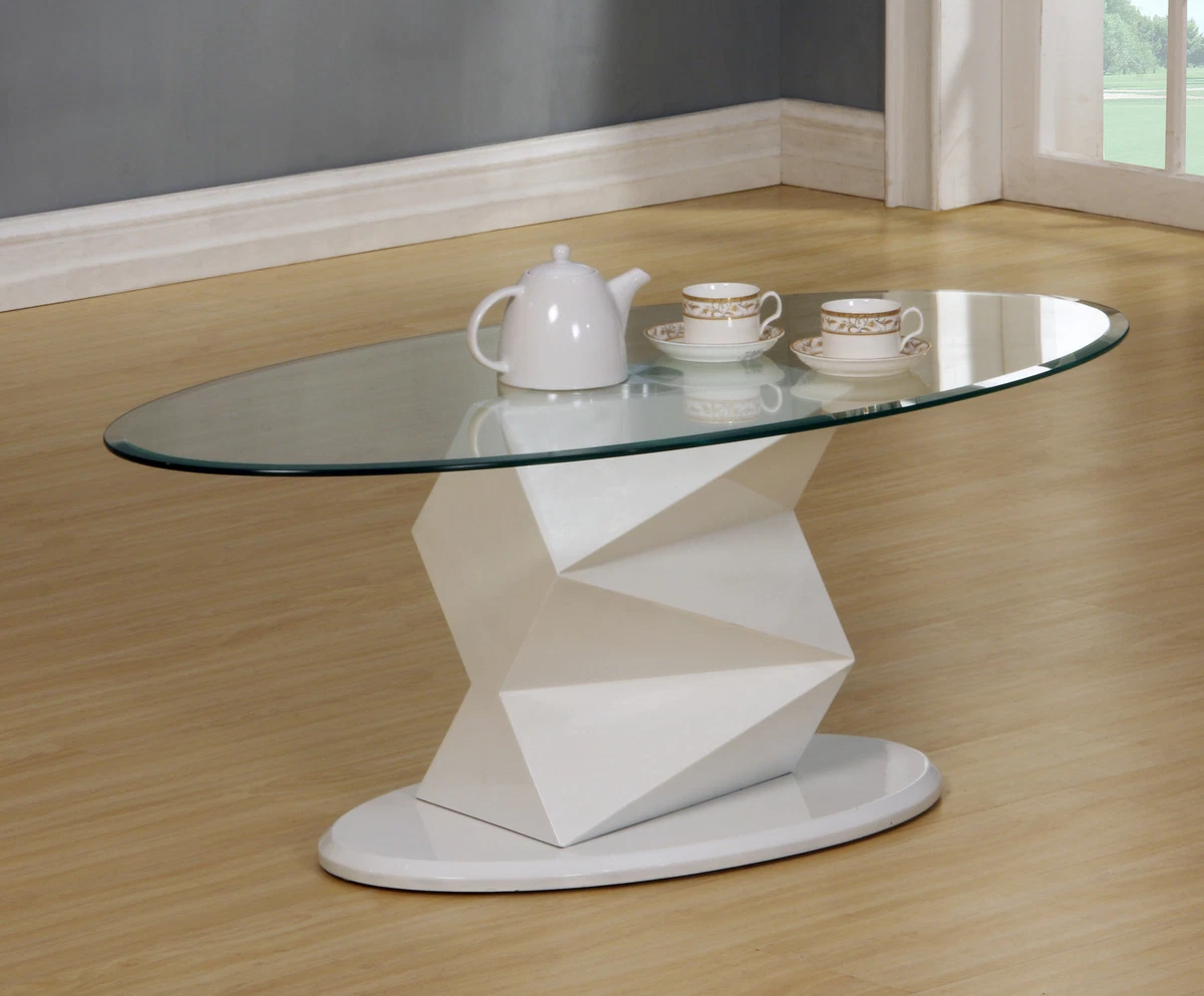 Coffee Table Clear Tempered Glass Oval Top White Gloss Edged Frame