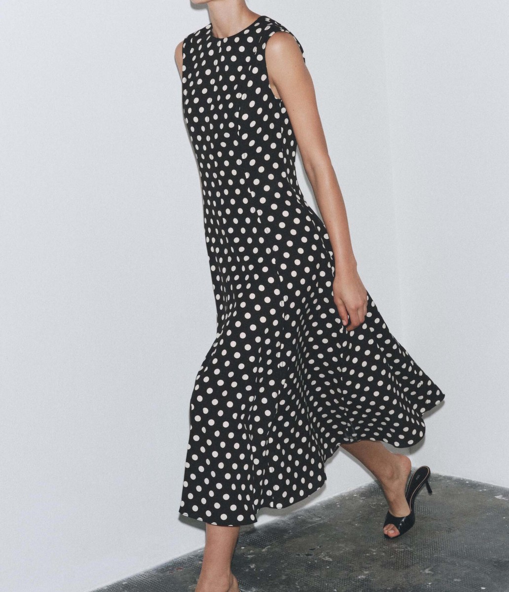 mayu☆　3/20までに到着 ZARA NEW WOMAN POLKA DOT MIDI DRESS ZW COLL FLARED HEM BLACK
