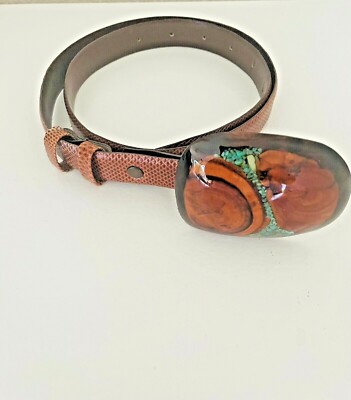 Jeff Deegan Brown Lizard Belt/ Turquoise & Wood Lacquered Buckle 32 in. Vintage
