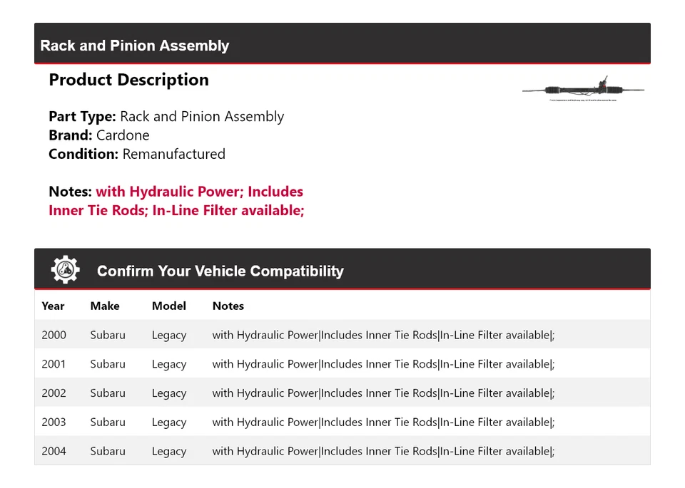 Para 2000-2004 Subaru Legacy conjunto de rack e pinhão Cardone 2001 2002 2003 - Imagem 2 de 4