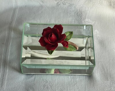 Vintage Beveled Glass Mirrored Jewelry Trinket Box w 3D Porcelain Red Rose