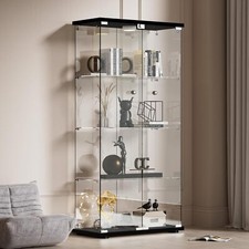 Glass Display Cabinet 4 Shelves 2 Doors Push Light Storage For Curio Bookshelf