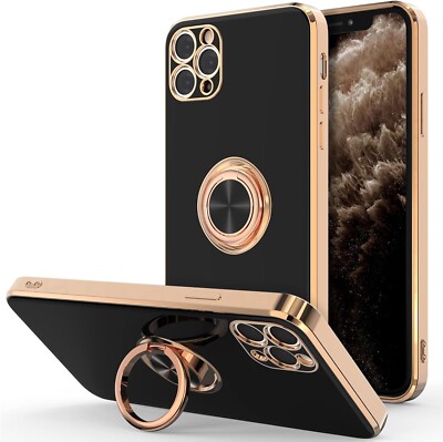 Hython Case for iPhone 11 Pro Max Case with Ring Stand, Plating Rose Gold Edge