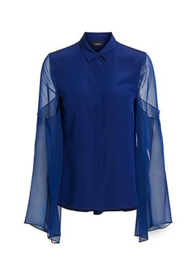 Akris Sheer Exaggerated Sleeve Silk Blouse, Dark Denim Blue, Size 10