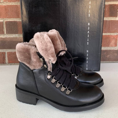 Steven Steve Madden Paloma Black Fur Cuff Lace up Ankle Boots Women's US 6.5 M