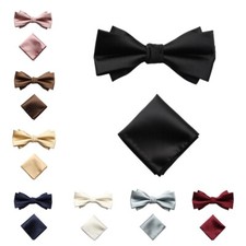 Men's Pre-tied Double Layer Bowtie Hanky Solid Color Bow Tie Pocket Square Set