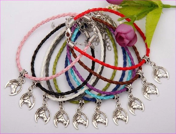 Braided Leather Charm Bracelet Horseshoe Horse Head pick colors shoe western