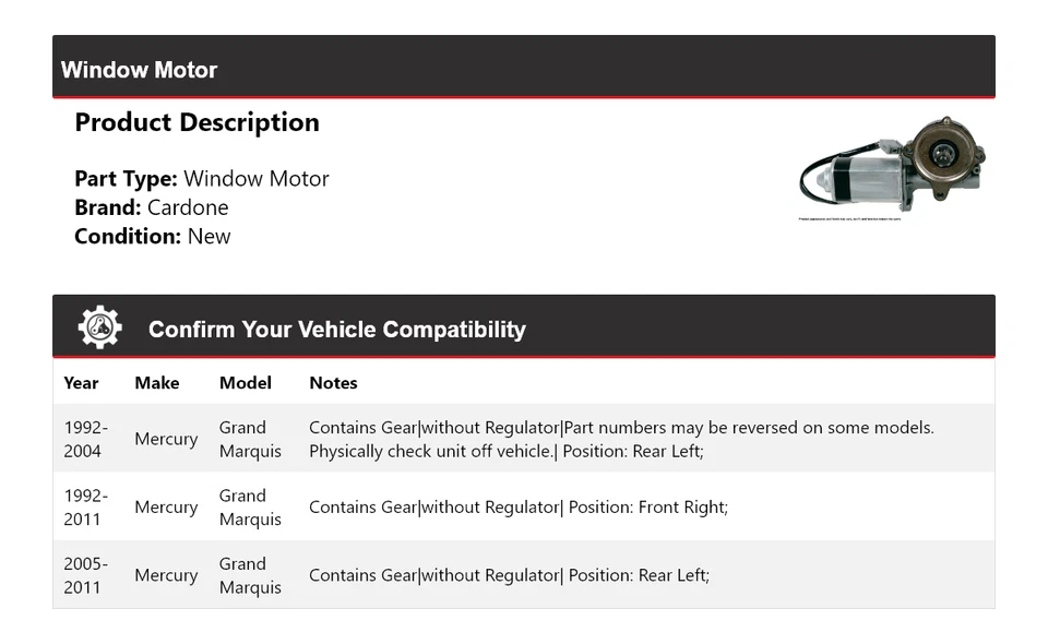 Para Mercury Grand Marquis 1992-2011 Ventana Motor Cardone 1993 1994 1995 1996 Foto 2 de 4