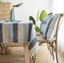 LINENLUX Striped Cotton Linen Tablecloth/Table Cover Tassel Blue Navy 55x70 Q2