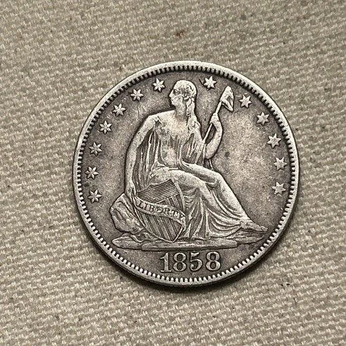 1858 P Seated Liberty Silver Half Dollar, Circulated, high XF.