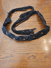 Vintage Black Macrame Beaded Fringe Belt Boheminan Boho HippieWooden brown bead