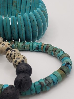 Earthy Boho Gemstone Bracelet Lot Stack 6pc Lava Rock Turquoise Dalmatian Jasper