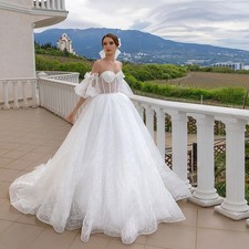 A Line Wedding Dress Sweep Train Off Shoulder Removable Short Sleeve Bride Gown