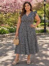 Shein Black & White Floral Maxi Dress Ruffle Sleeve Side Zipper 1XL