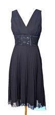 Vintage Y2K Alain Manoukian 6/8 100% Silk Cocktail Dress Black Beaded Waist Midi