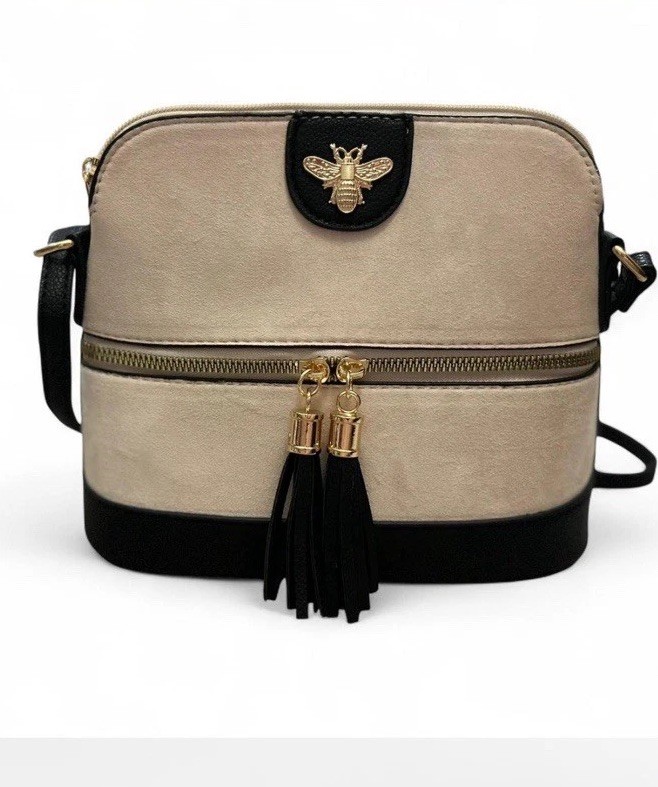 Cream And Black Crossbody Bag With Gold Bee Detail