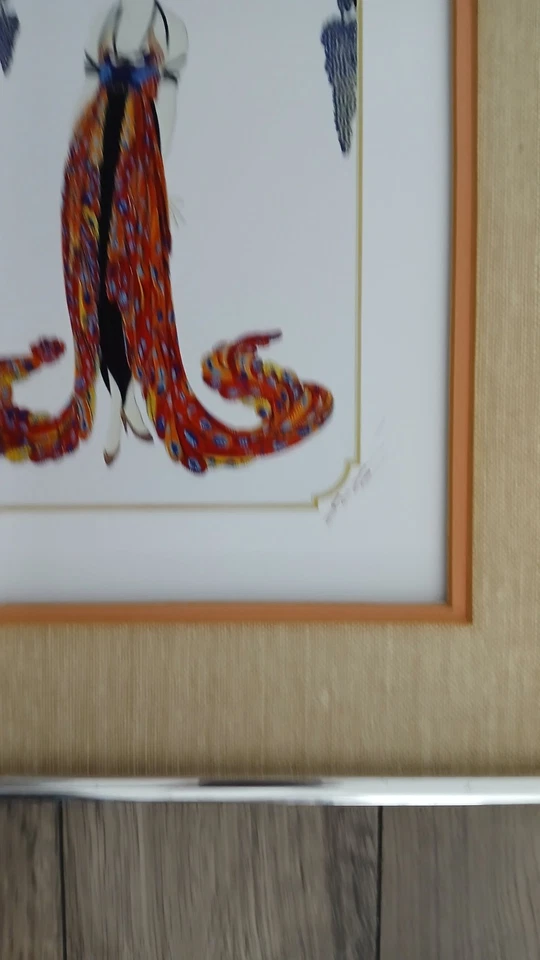 Vestido de plumas Erte enmarcado 16x20 firmado en placa Foto 2 de 2