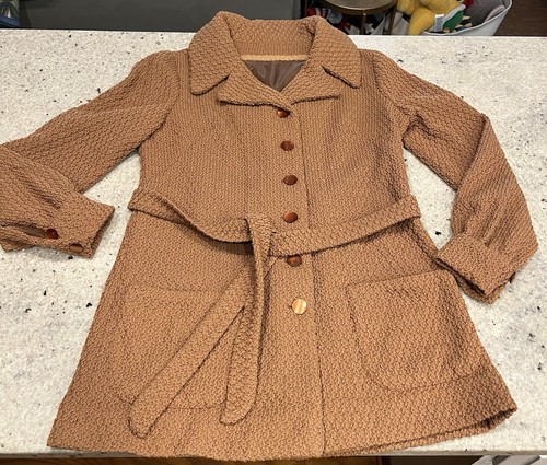 Vrg 1970s Carmel Brown Textured Belted Jacket Retro Car Coat Style Small Medium