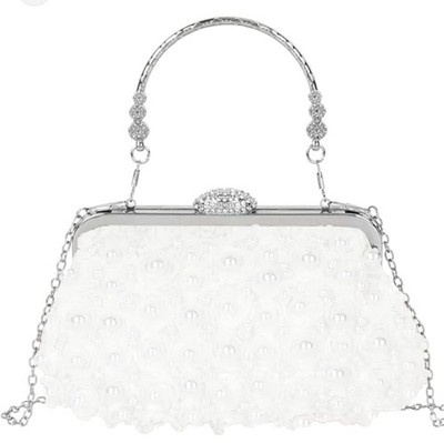 White Beaded Clutch Bag w/ Silver Frame Handle & Chain Strap
