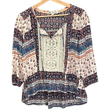 Blusa Jolt Boho Chic Estilo Campesino Mixto Estampado Floral Crochet Encaje Babero Campesino