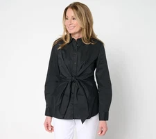 Martha Stewart Signature Woven Tie Front Collared Blouse Solid Caviar S New