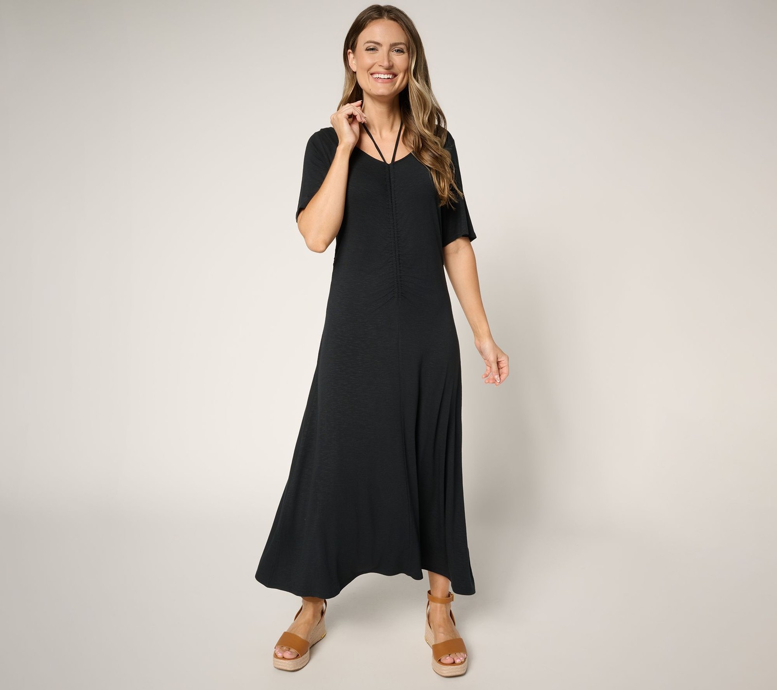 Peace Love World Women's Petite Dress PM Ruch Front Short Sleeve Black A692504