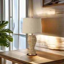 Rattan Table Lamp with Beige Shade for Bedroom Nightstand