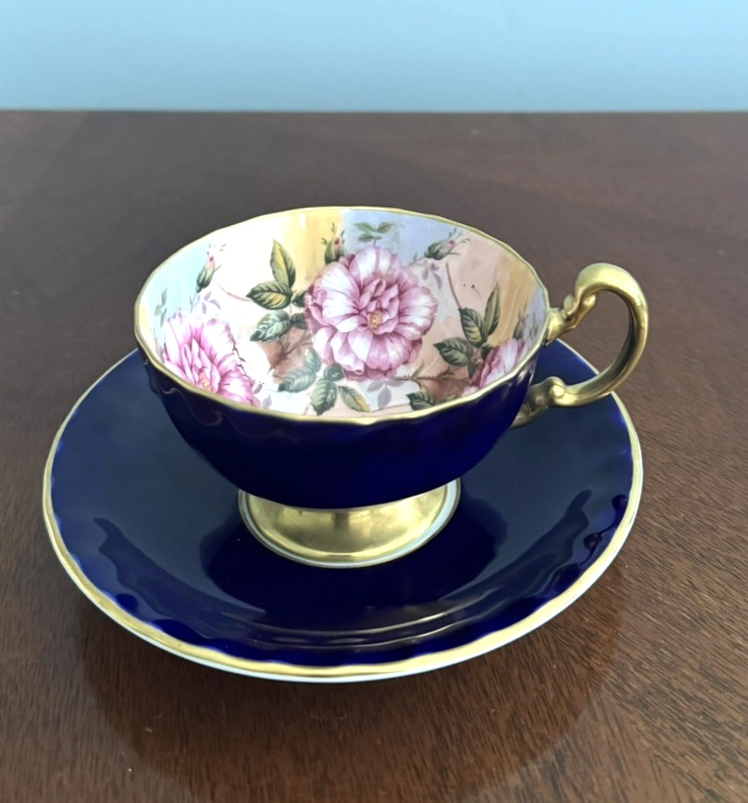 AYNSLEY Bone China 4 CABBAGE ROSE CUP & SAUCER Cobalt Blue Made In England