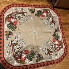 Vintage Christmas Norway Burlap Table Cloth Tree Skirt  Square 39.5”x39.5”