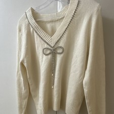 LOFT Ivory V-Neck Long Sleeve Knit Pullover S...