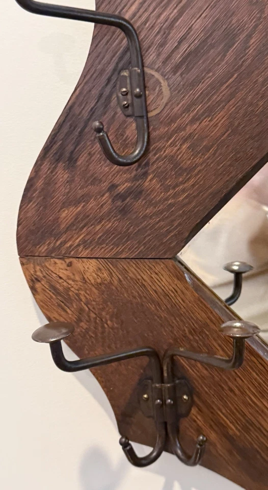 Antique Entry Hall Tree Mirror Quartersewn Oak Circa 1920 6 Cast Iron Hat Rack - Image 3 of 4