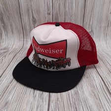 Vintage Budweiser Trucker Hat Cap Mesh Snapback Red White Black Made in USA Beer