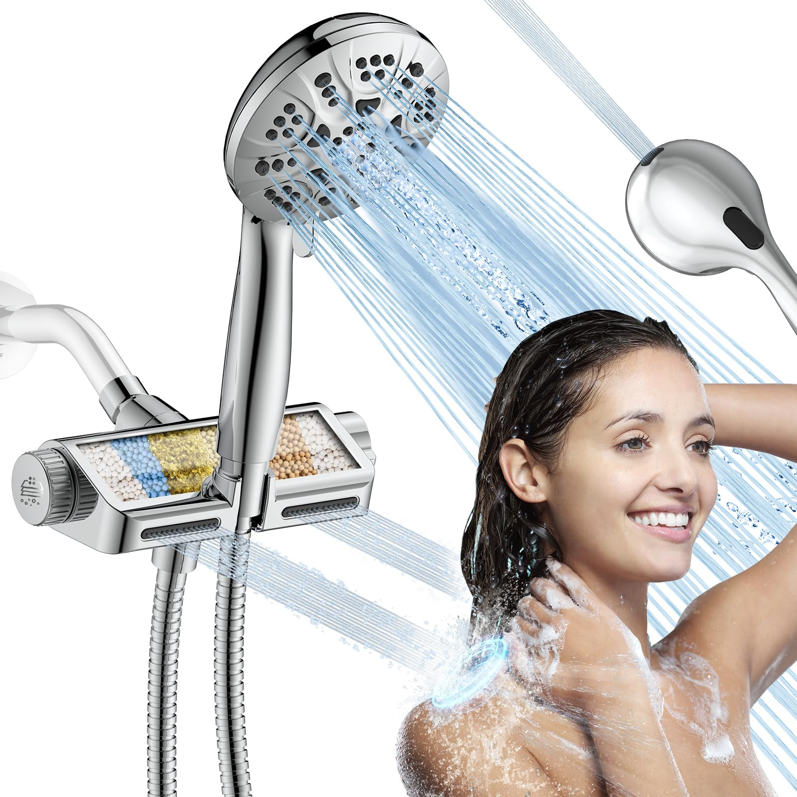 JDO Dual Shower Head with Handheld High Pressure 4-in-1 Filter System