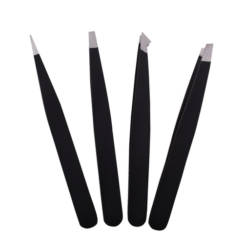 Tweezers Set 4-Piece Professional Black Plucker Stainless Steel With Case - Picture 3 of 4