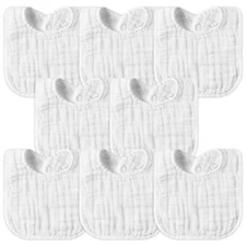 8Pcs Muslin Baby Bibs White Soft Cotton Adjustable Snap Drool Bib Absorbent B...