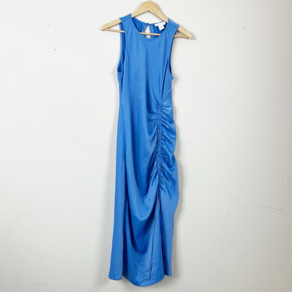 house of harlow ruched dress House of Harlow Orange/ Blue Floral Print Ruched Sleeveless Midi Dress Medium