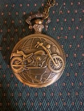 Mens Unisex Steampunk Bronze Tone Pocket Watch Quartz Pendant Necklace Motorcycl