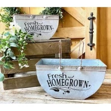 New Farmhouse Primitive Aged Rustic 2  FRESH HOMEGROWN BASKET Metal Containers