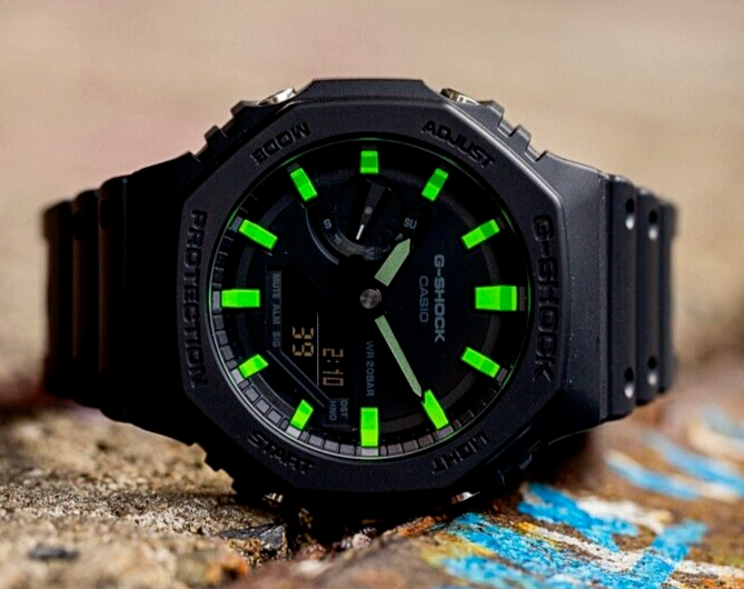 Hand-painted Casio G-Shock CasiOak GA-2100 Mod Neon Green UV
