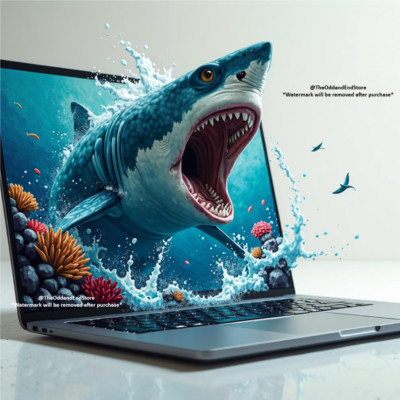 Digital AI Art Image Desktop Wallpaper Background 3D Shark in Laptop SL25_001