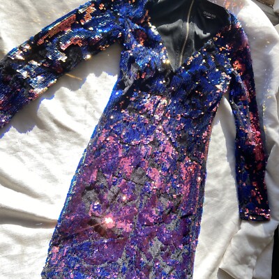 Fashion Nova Mini V Neck Fitted Bodycon Longsleeve Multicolor Sequins Dress